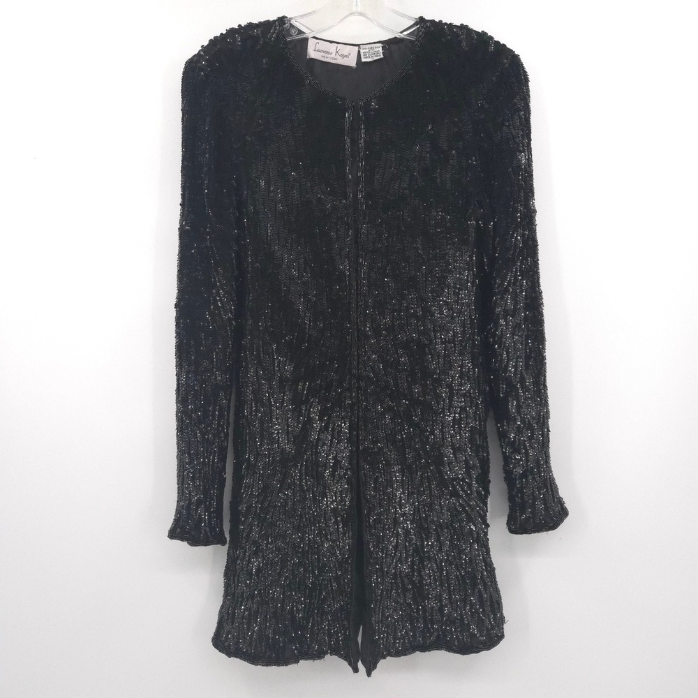 Laurence Kazar Sequin silk Jacket Womens M Black Beaded Evening Glam Vintage